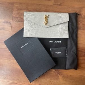 YSL White Croc Medium Uptown Envelope Pouch